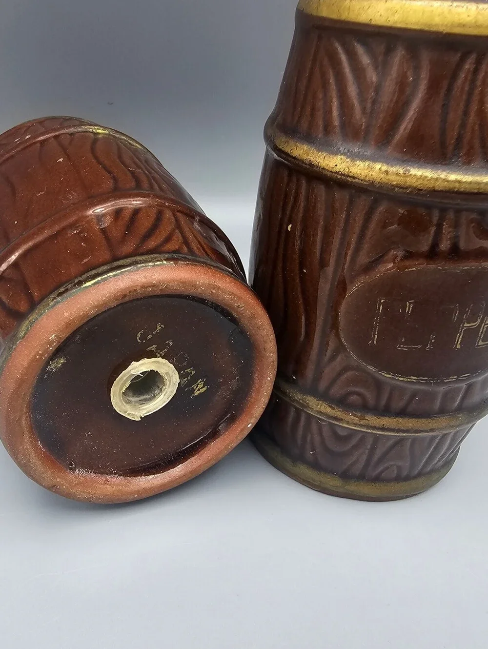 Vintage Ceramic Salt and Pepper Shakers Brown Barrel Design